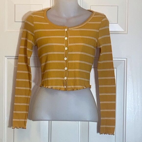 Rhapsody Striped Mustard Button-Up Women Top Sz Approximately M Cropped Stretch - Picture 1 of 4